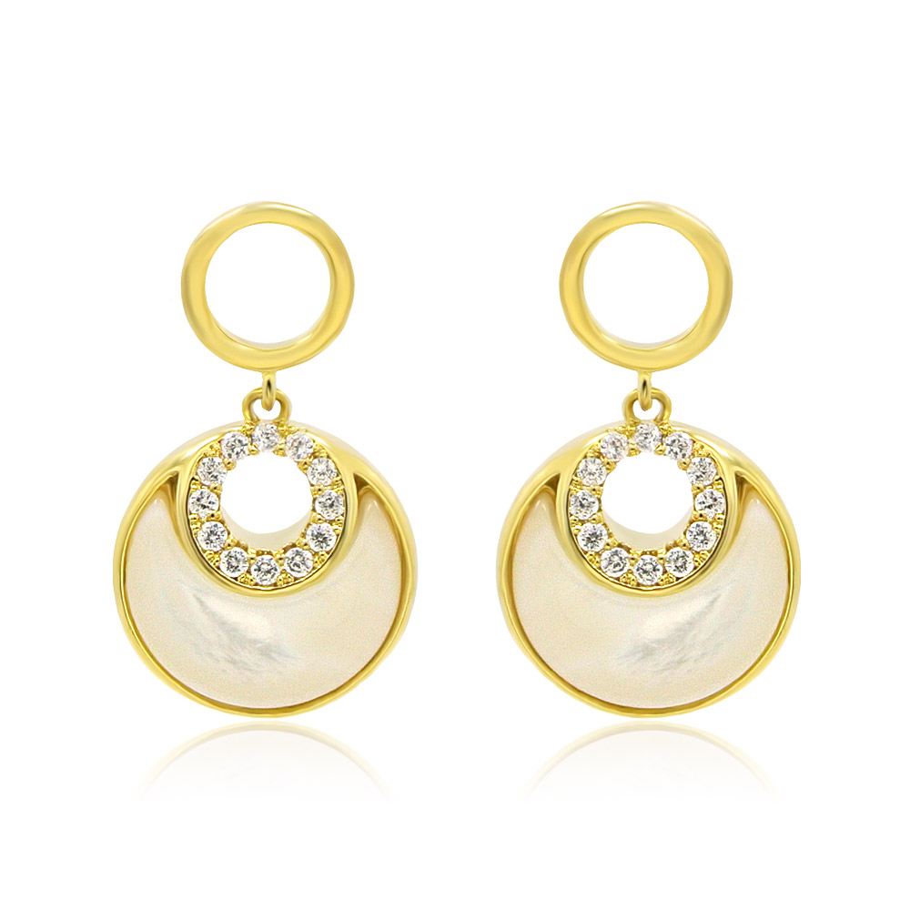 Moon Cresent White Shell Dangle CZ Earrings